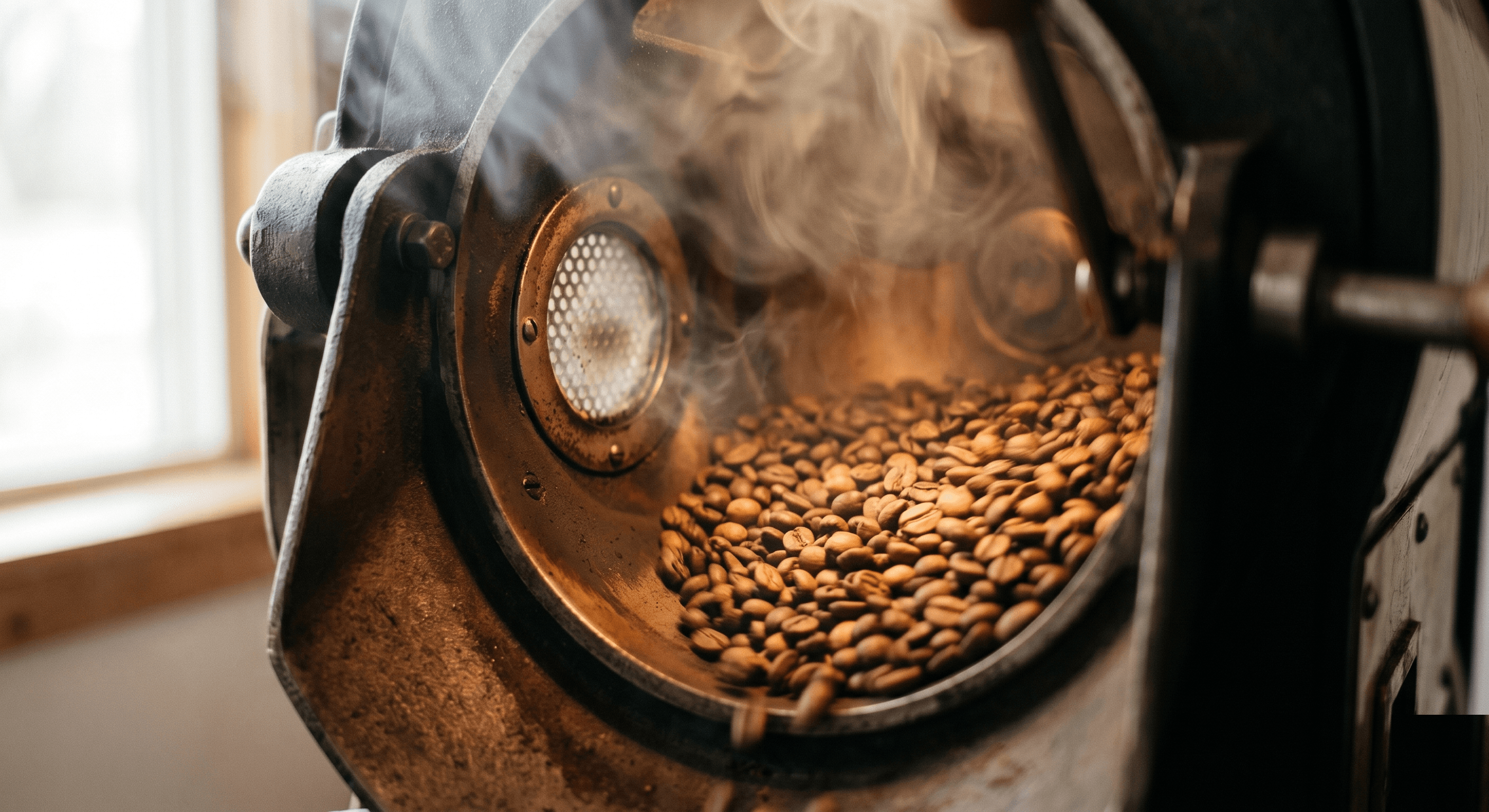 Granos de café tostados saliendo de la tostadora con vapor